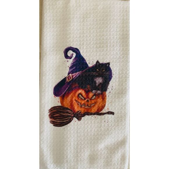 Black Cat Witch Hat Pumpkin Halloween Microfiber Waffle Weave Kitchen Dish Towel - Picture 2 of 2